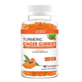 A clear plastic bottle with white cap contains orange vegan turmeric ginger gummies labeled locred for daily wellness