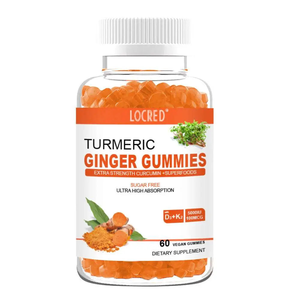 A clear plastic bottle with white cap contains orange vegan turmeric ginger gummies labeled locred for daily wellness