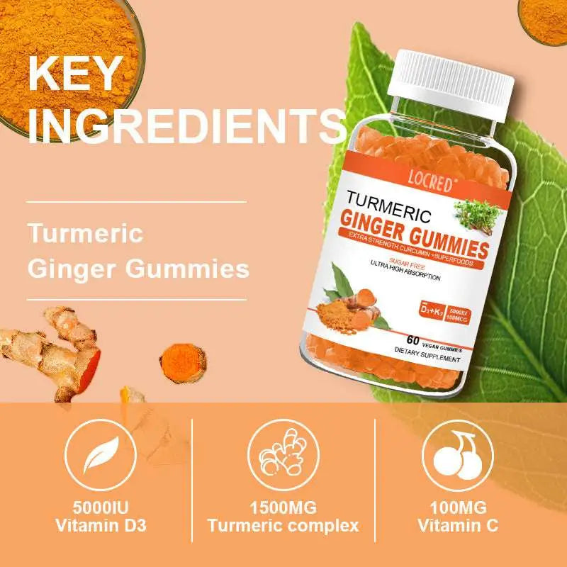 A clear plastic bottle with white cap contains orange sugar free vegan turmeric ginger curcumin soft candy gummies