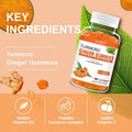 A clear plastic bottle with white cap contains orange sugar free vegan turmeric ginger curcumin soft candy gummies