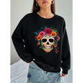 Black crew neck sweatshirt with vibrant colorful floral skull design perfect for daily wear