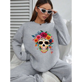 Gray crew neck sweatshirt featuring a vibrant colorful floral skull design for daily wear casual use