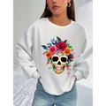 White oversized crew neck sweatshirt with a vibrant colorful floral skull design for daily wear