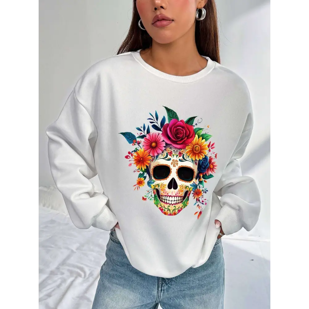White oversized crew neck sweatshirt with a vibrant colorful floral skull design for daily wear