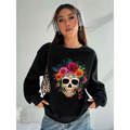 Black crew neck sweatshirt featuring a vibrant colorful floral sugar skull design for daily wear