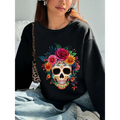 Black crew neck sweatshirt featuring a vibrant colorful floral skull design with roses for daily wear