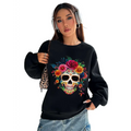 Black crew neck sweatshirt with vibrant colorful floral skull sugar skull design adorned with flowers and foliage