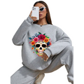 Gray crew neck sweatshirt featuring a vibrant colorful floral skull design for daily wear
