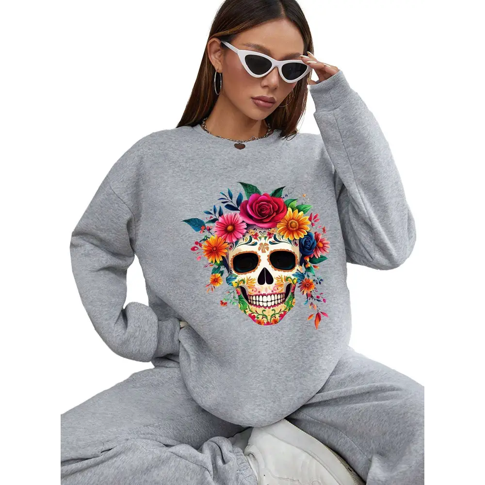 Gray crew neck sweatshirt with vibrant colorful floral skull design for sugar skull daily wear