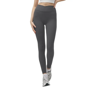 High-waisted dark gray suhk asana cross waist ribbed yoga leggings with smooth stretchy fabric and ribbed waistband