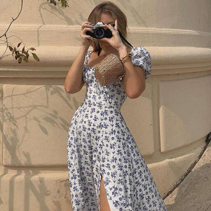Summer Floral Print Dress Women Sexy Party Long Dresses Puff Short Sleeve - Royalessencelux