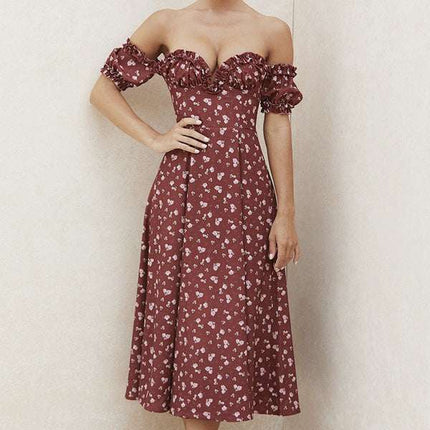Summer Floral Print Dress Women Sexy Party Long Dresses Puff Short Sleeve - Royalessencelux
