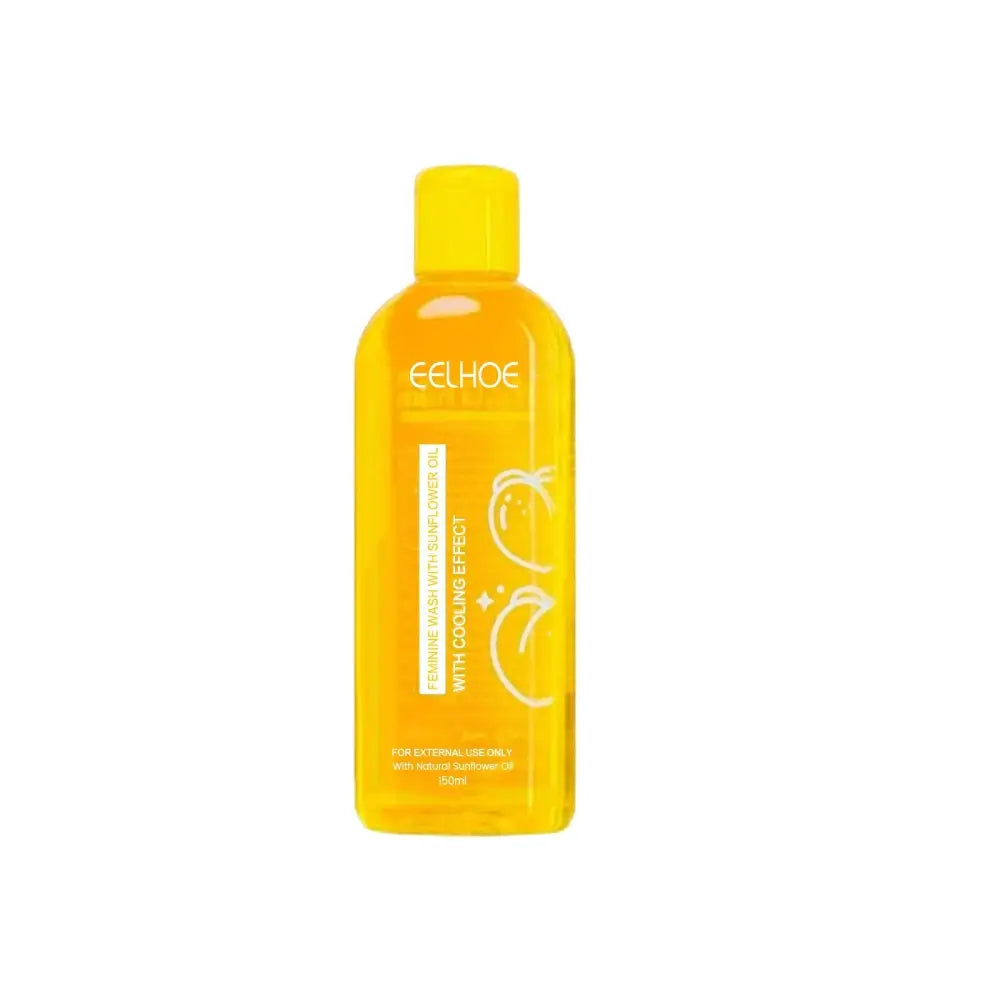 A translucent yellow eelhoe shower gel bottle with sunflower oil and cooling effect for body cleansing 150ml