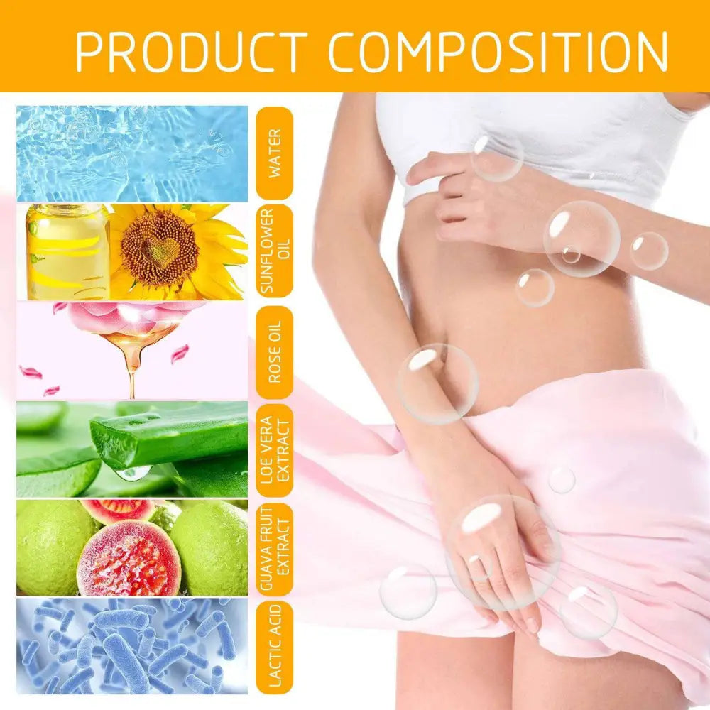 A woman in a white top and pink skirt gently touches her midsection using sunflower oil shower gel body cleansing 150ml