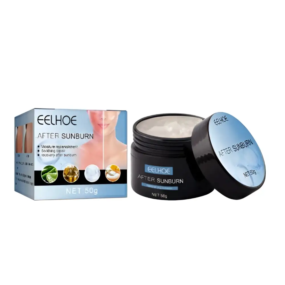 Black jar suntanning beauty cream with blue and white labeling highlights moisturizing natural ingredients for even skin tone