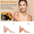 Black jar of suntanning beauty cream with natural ingredients for even skin tone net weight 50g with orange yellow label