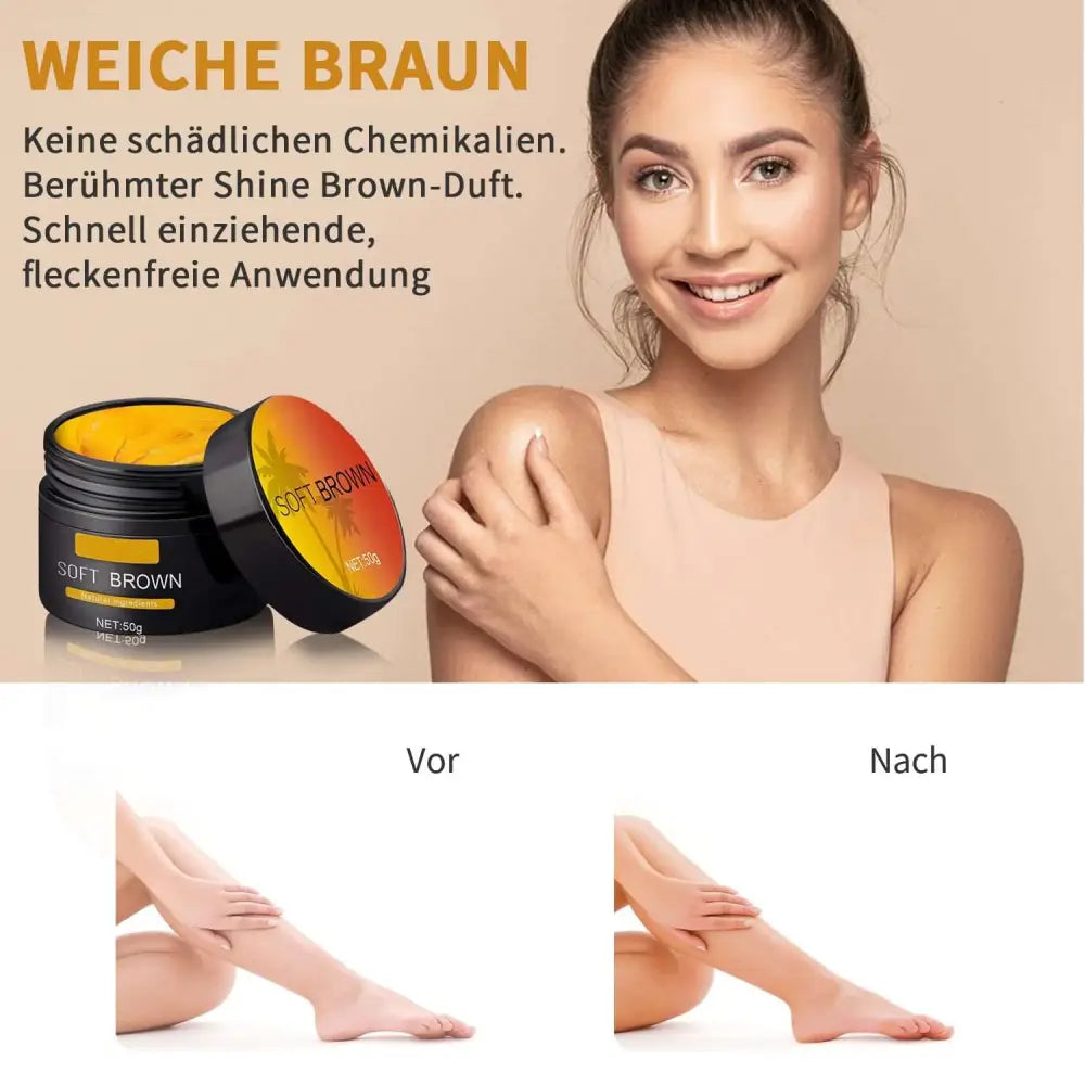 Black jar of suntanning beauty cream with natural ingredients for even skin tone net weight 50g with orange yellow label