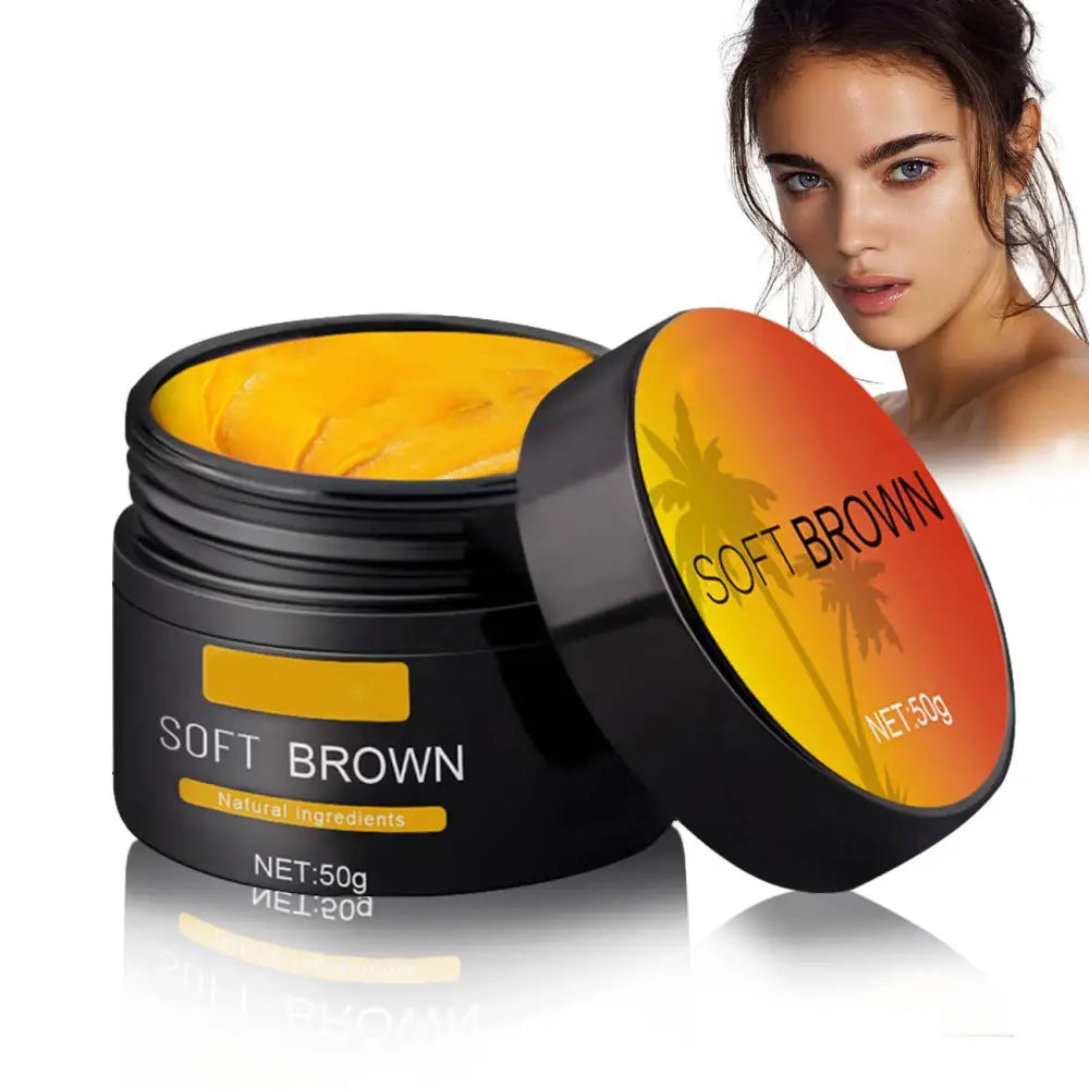 Black jar of suntanning beauty cream with vibrant lid contains 50g of natural ingredients for even skin tone