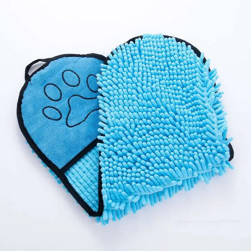 Blue super absorbent microfiber pet grooming mitt with fluffy texture and embroidered paw print for dogs cats towels
