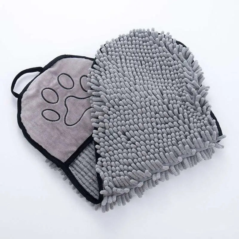 Gray plush super absorbent microfiber pet grooming mitt with paw print for dogs cats towels and bath towel use
