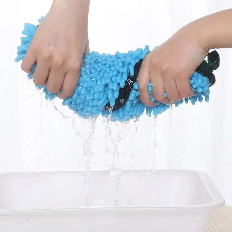 Blue super absorbent microfiber cleaning mitt with black grip handles designed for dogs cats towels use