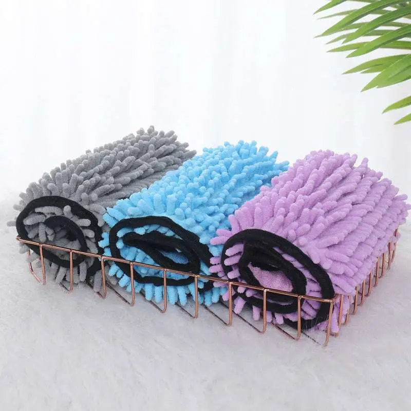 Three rolled super absorbent microfiber bath towels in gray blue and purple for dogs cats towels with black elastic bands
