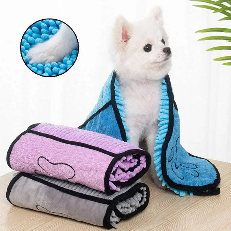 Super absorbent microfiber bath towel for dogs cats in blue pink and gray with fuzzy textured edges and black trim