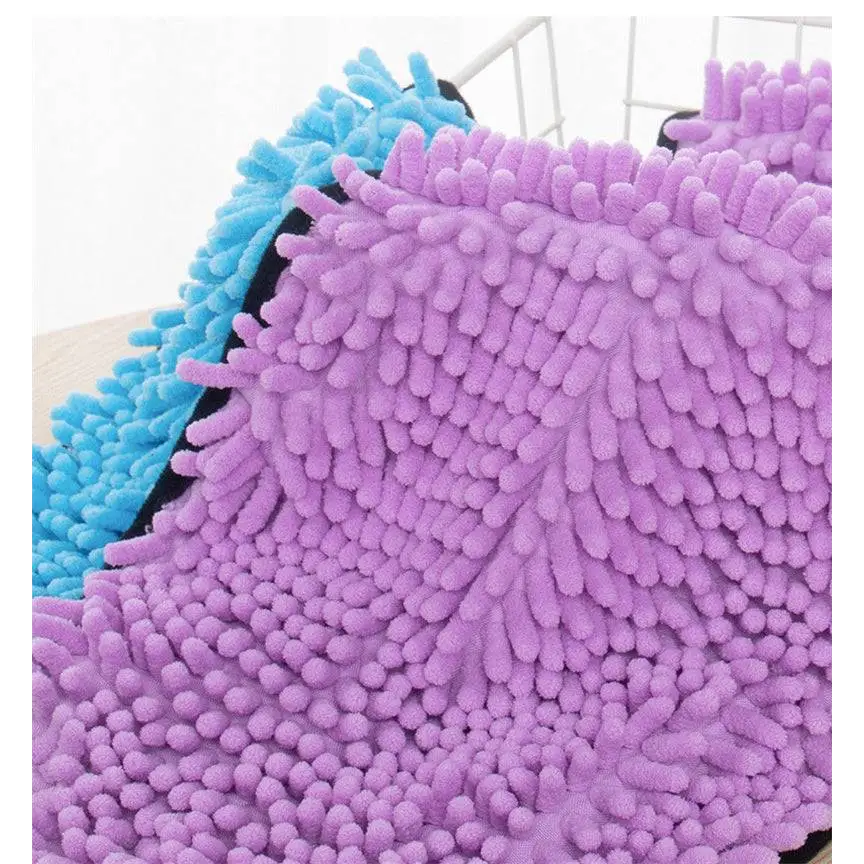 Super absorbent microfiber bath towel for dogs cats in purple and blue with dense fluffy tufts for enhanced absorbency