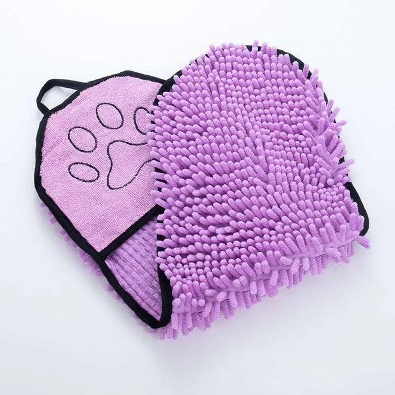 Purple microfiber pet grooming mitt with black trim and paw print design for super absorbent microfiber dogs cats towels