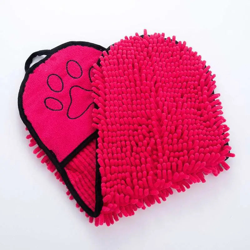 Bright pink super absorbent microfiber pet cleaning mitt with black paw print and trim for dogs cats towels