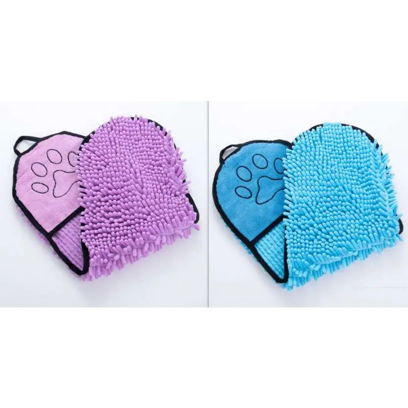 Pink and blue plush pet grooming mitts with paw prints featuring super absorbent microfiber for dogs cats towels