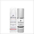 Super c vitamin serum in a silver dropper bottle and sheer zinc sunscreen spf50 in a white pump bottle set