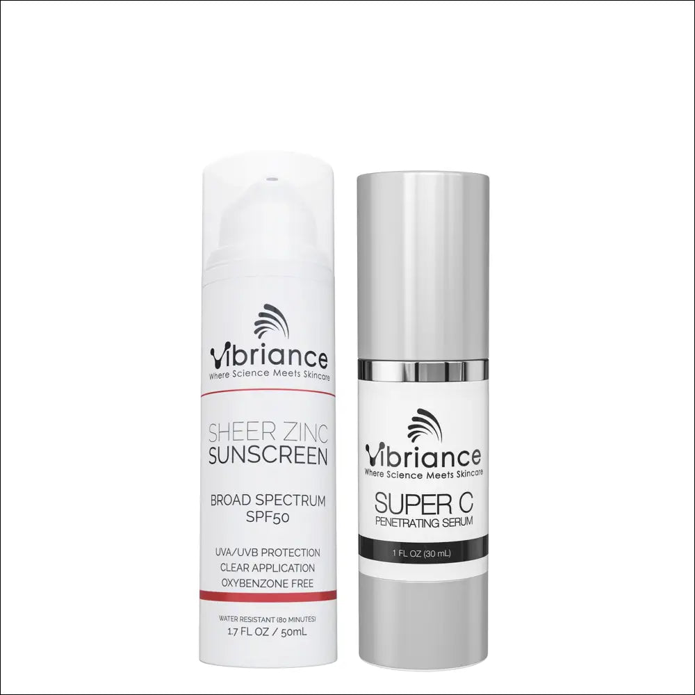 Super C vitamin serum in a silver-topped glass dropper bottle and sheer zinc sunscreen spf50 in a white pump bottle set