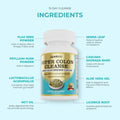 White plastic bottle with gold and teal label of abuiu super colon cleanse dietary supplement for digestive health