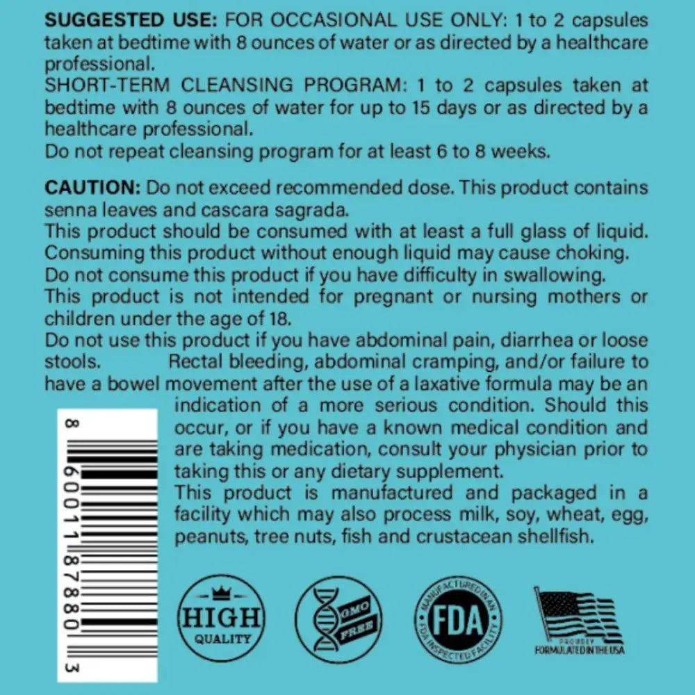 The back label of a blue-packaged super colon cleanse capsule with senna leaves, cascara sagrada, fda approval, and gmo-free certification for digestive health