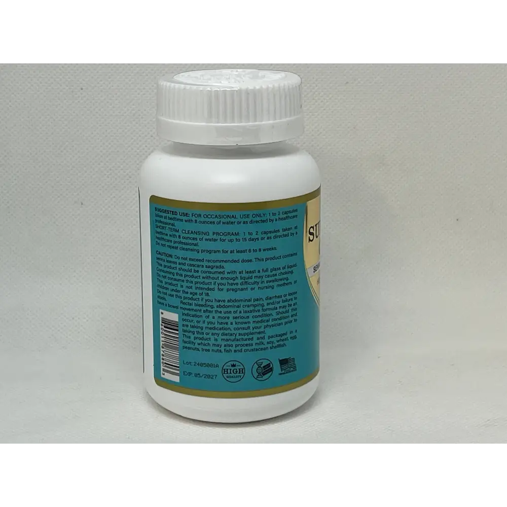 White plastic bottle with teal and gold trim label for super colon cleanse sugarless dietary supplement promoting digestive health