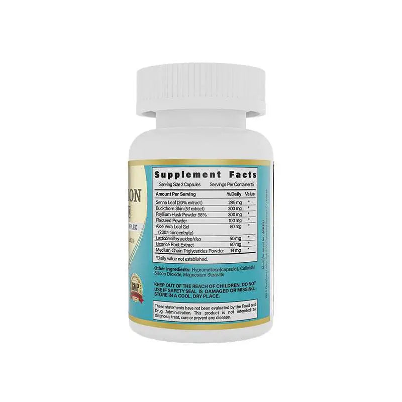 White plastic super colon cleanse capsule bottle with light blue and gold label detailing digestive health ingredients