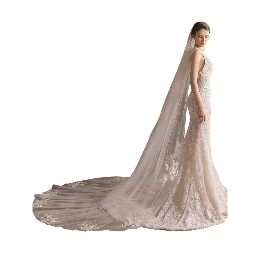 Super fairy long ivory lace flower trailing wedding gown with fitted mermaid silhouette and floral embroidery veil