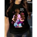 Black cotton super mom figure print crew neck t-shirt featuring colorful mom and child embracing illustration
