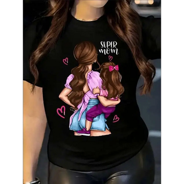 Black cotton super mom figure print crew neck t-shirt with colorful mom and child embracing illustration and white text