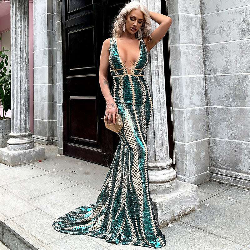 Suspender Long Tail Irregular Striped Evening Dress With Sequins Button Full Cup Plus Size Bra Without Wi Royalessencelux