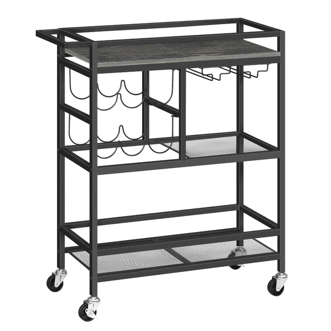 MAHANCRIS Bar Cart for Home 3-Tier Serving Cart with Wheels and Handle Beverage Cart with Wine Rack and Glass Holders Rolling Wine Cart for Kitchen Dining Room Charcoal Gray and Black RCHT6101 - Royalessencelux