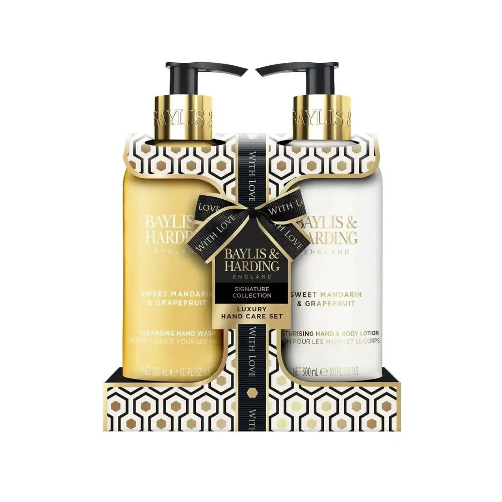 Gold and white pump bottles of baylis & harding sweet mandarin and grapefruit harding gift set with geometric box and black ribbon