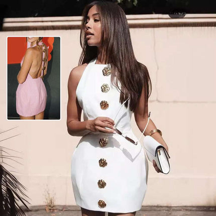 Sweet Sleeveless Backless Dress With Rose Button Design Summer Street Fashion Dresses Womens Clothing - Royalessencelux