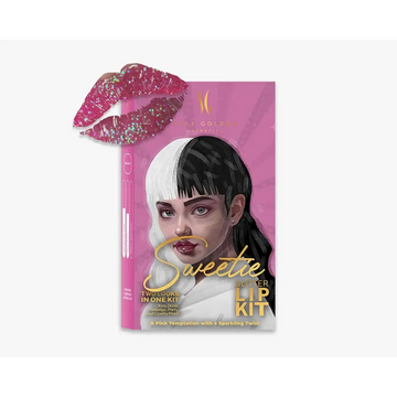 Sweetie pink glitter lip kit with lip liner from stay golden cosmetics features a two-tone woman illustration and sparkling lips on cover