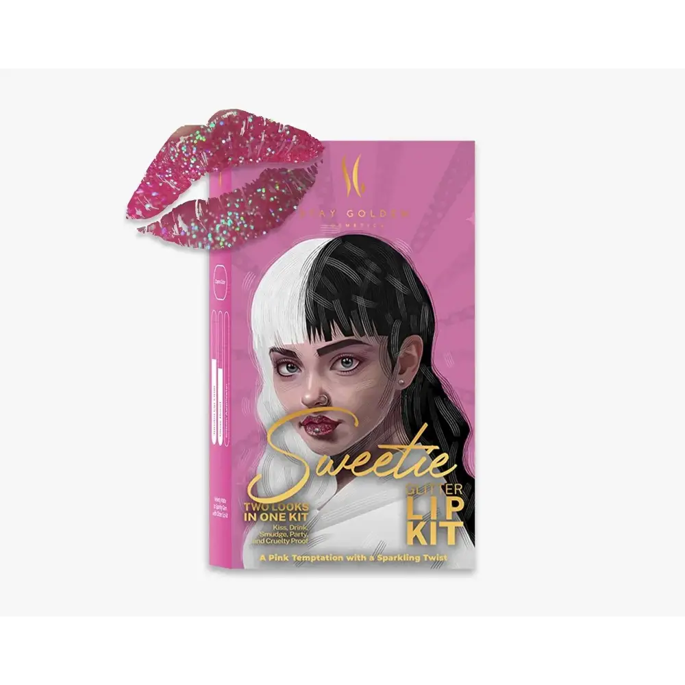 Sweetie pink glitter lip kit from Stay Golden Cosmetics features a two-tone illustration with sparkling lips on the cover