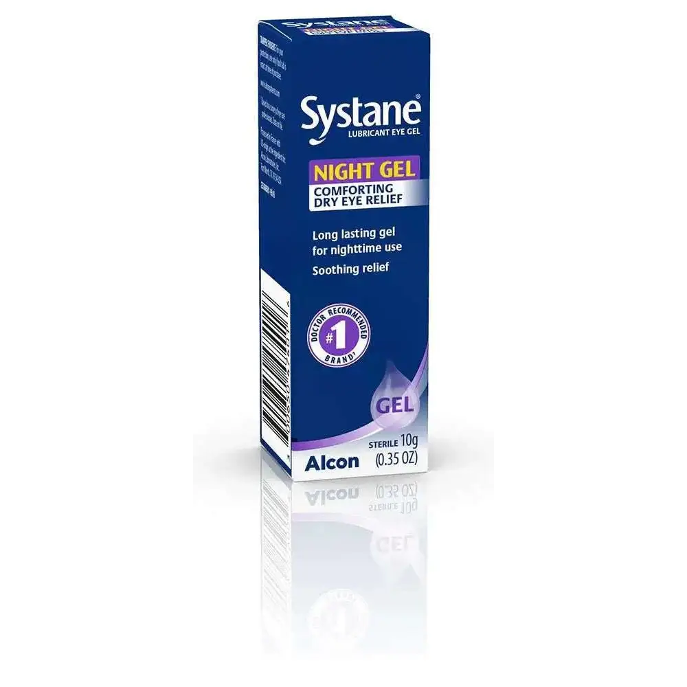 Blue rectangular box of systane lubricant eye gel for dry eye relief featuring purple and white text with droplet design