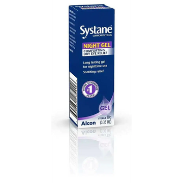 Blue rectangular box of systane lubricant eye gel for dry eye relief featuring purple and white text with droplet design