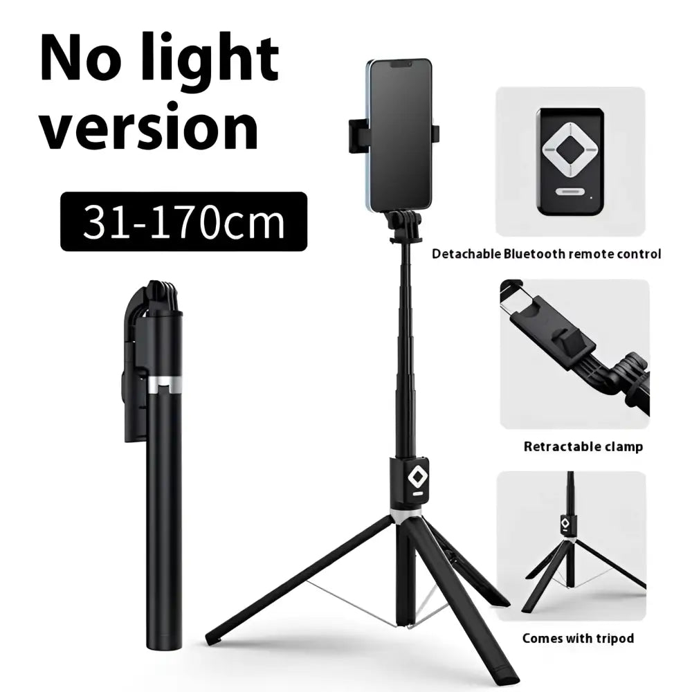 T11 rechargeable black selfie stick with double lamp ring light, extendable tripod, and detachable bluetooth remote control