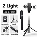 T11 rechargeable black selfie stick with double lamp ring lights and tripod base for stable photography